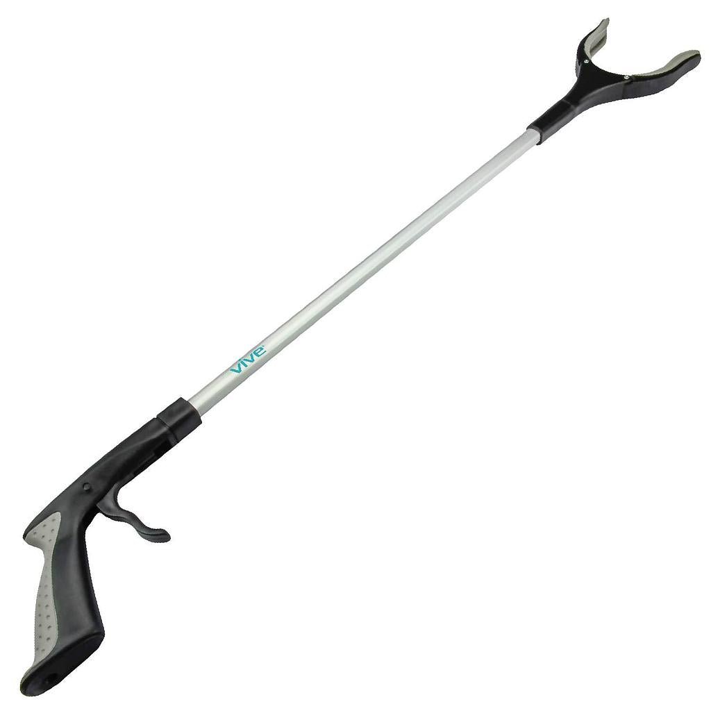 Rotating reacher grabber tool with curved non-slip gripper and long silver handle