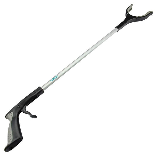 Rotating reacher grabber tool with curved non-slip gripper and long silver handle