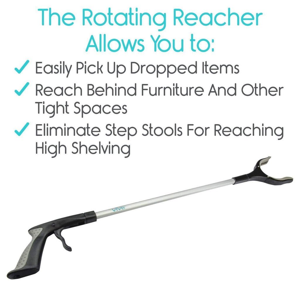 Rotating reacher pickup tool with long reach bar and curved gripping head