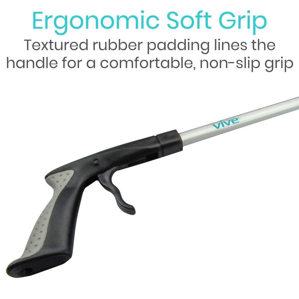 Rotating reacher grabber with soft textured handle and wide U-shaped jaw