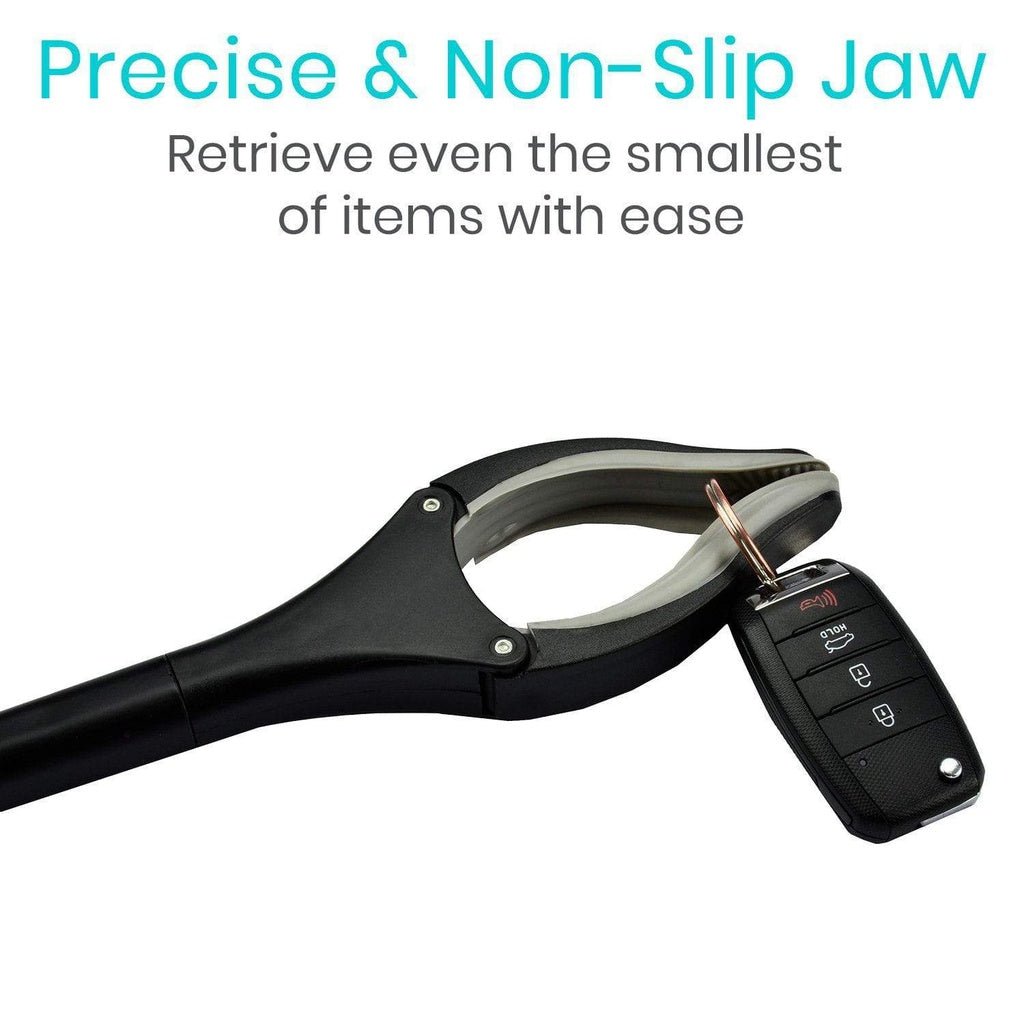 Rotating reacher grabber with textured non-slip jaw for gripping small items