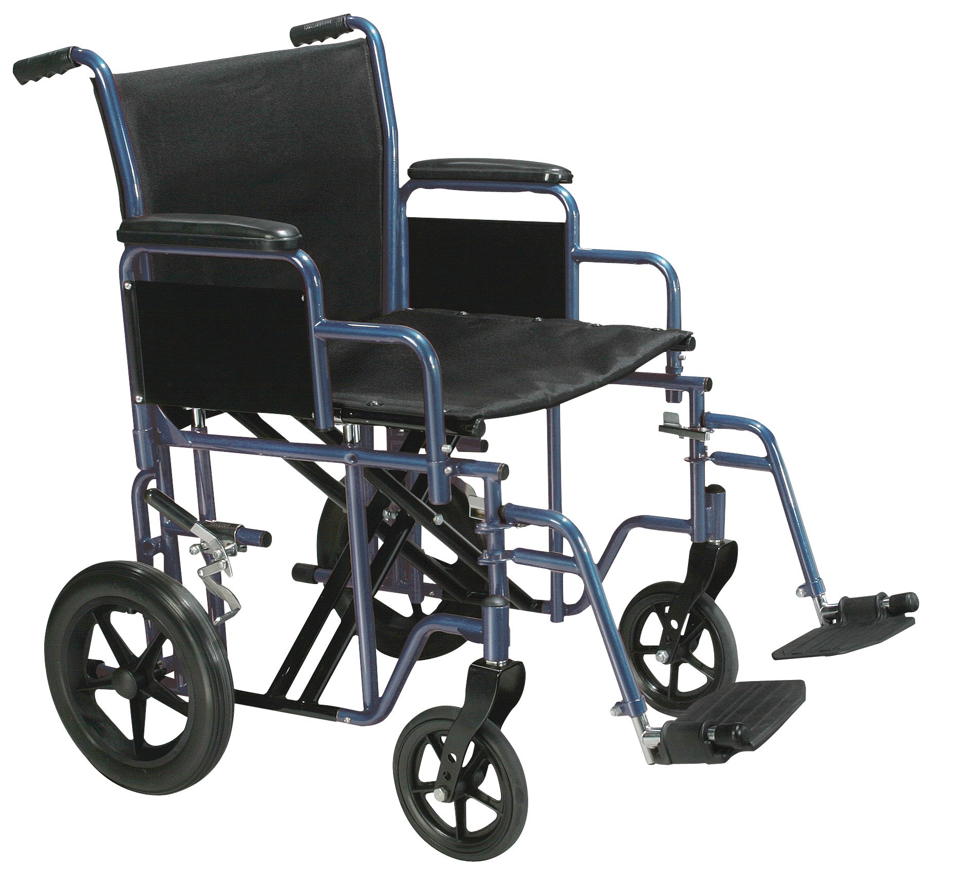 Blue bariatric transport wheelchair with swing-away footrests, black seat, large wheels