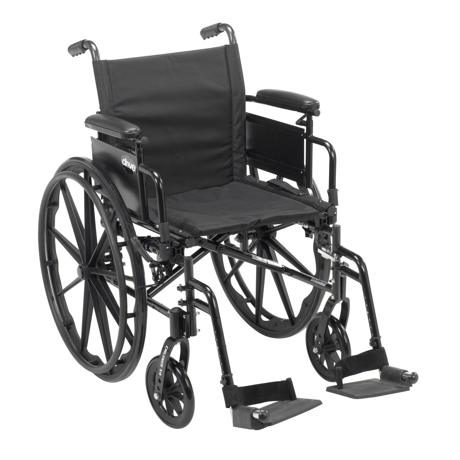 Lightweight black wheelchair with desk arms and swing-away footrests, 16 in seat