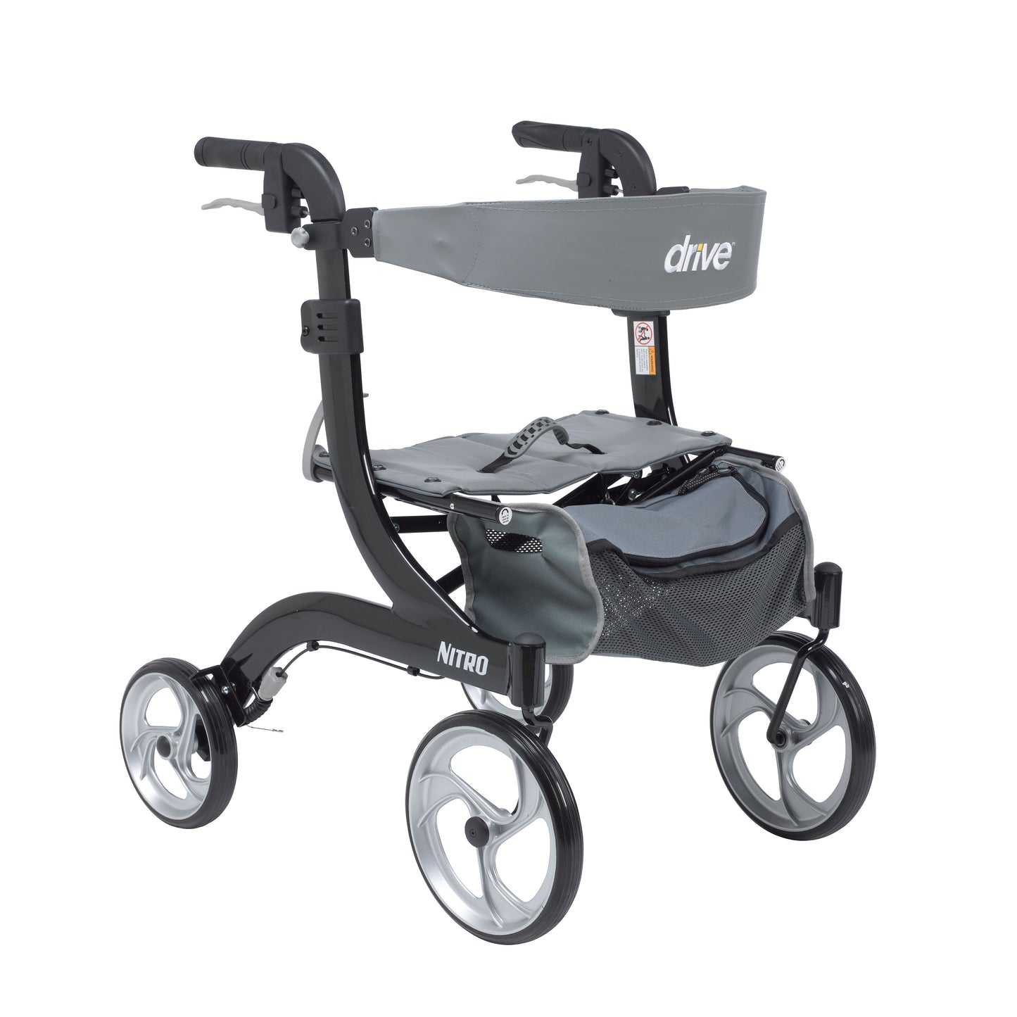 Black rollator rolling walker with padded seat, storage bag, and four large wheels