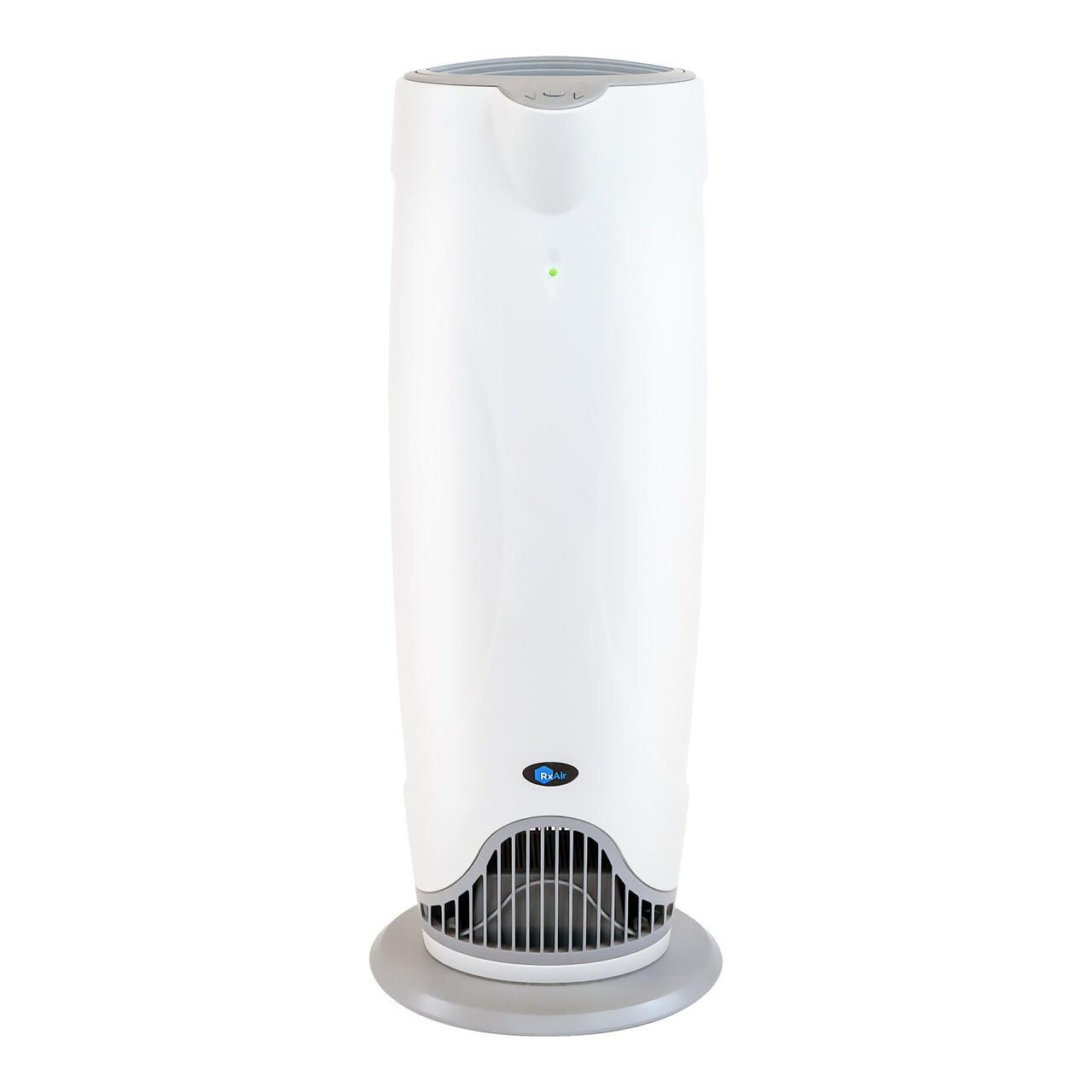 White air purifier tower with front air intake grille and base stand