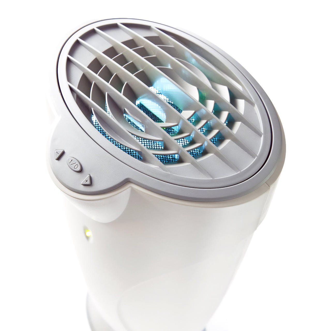 White air purifier tower with open top vent and glowing blue UV lights