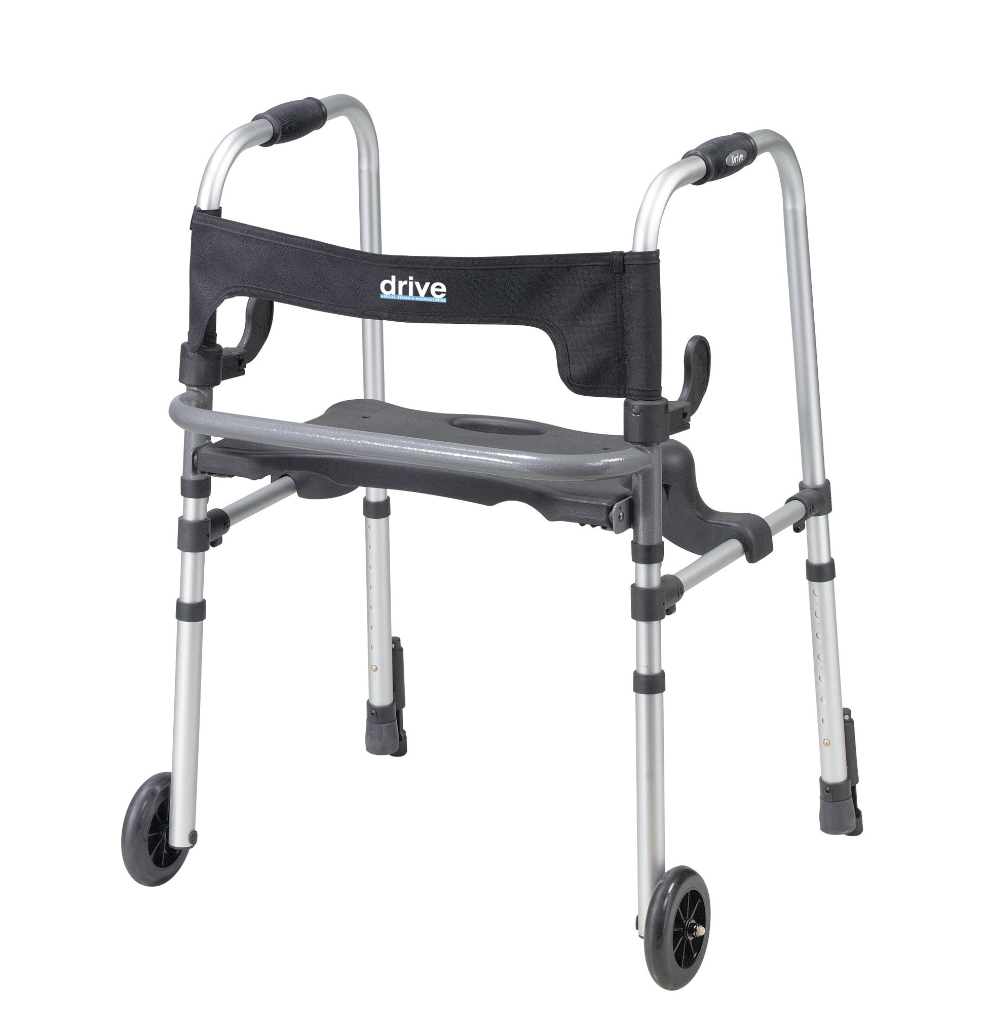 Rollator walker with seat, black frame, four wheels, push-down brakes