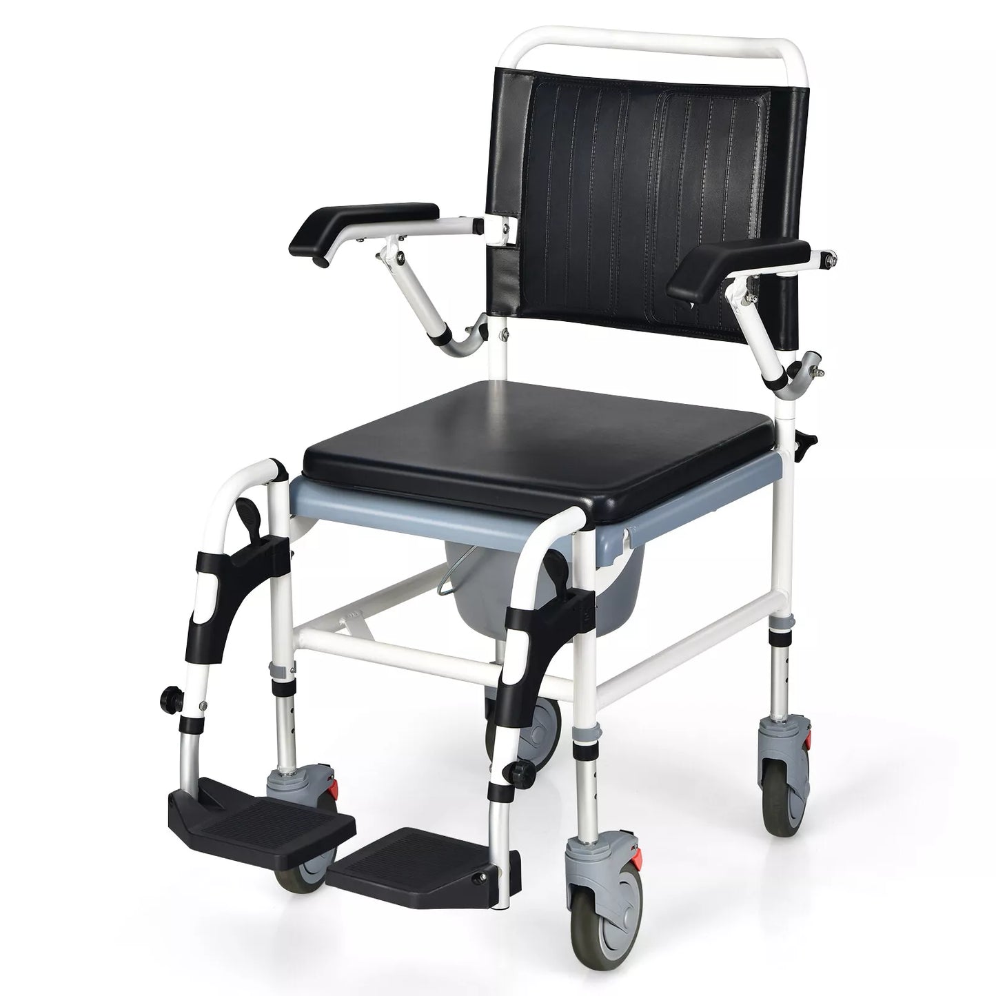 Front view of shower wheelchair with black backrest, dark seat cushion, and footrest platforms