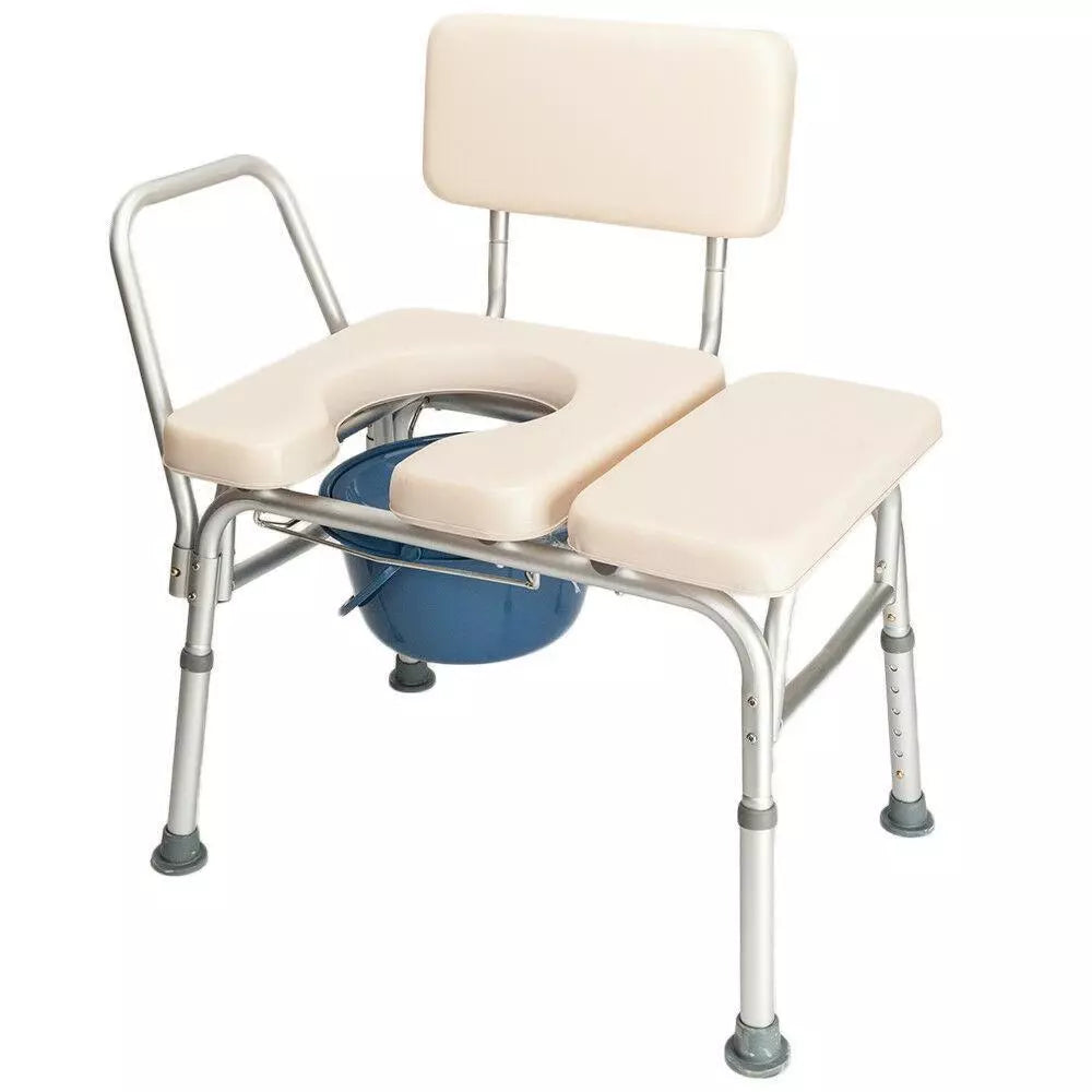 Adult bedside commode chair with padded seat, backrest, armrests, and open toilet cutout