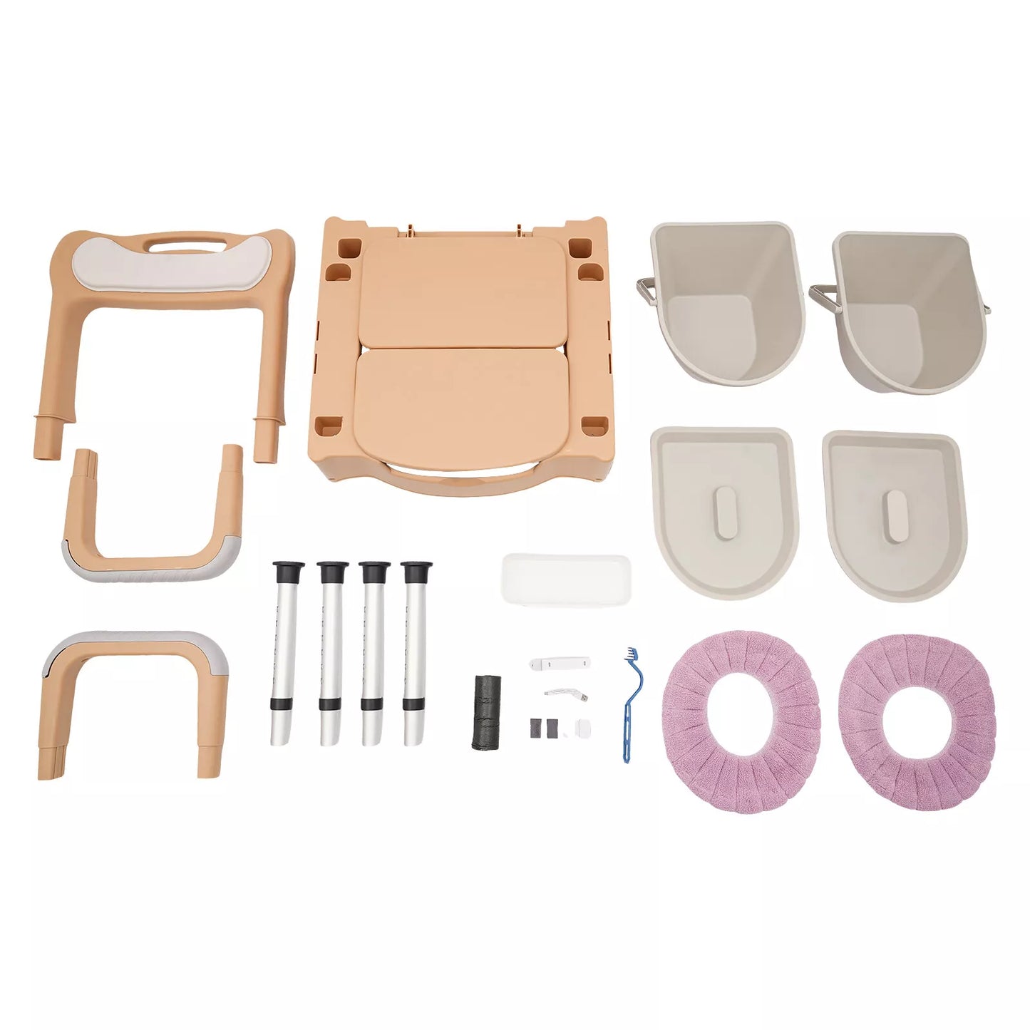 Khaki bedside commode chair parts kit with legs, seat components, and pink ring cushion