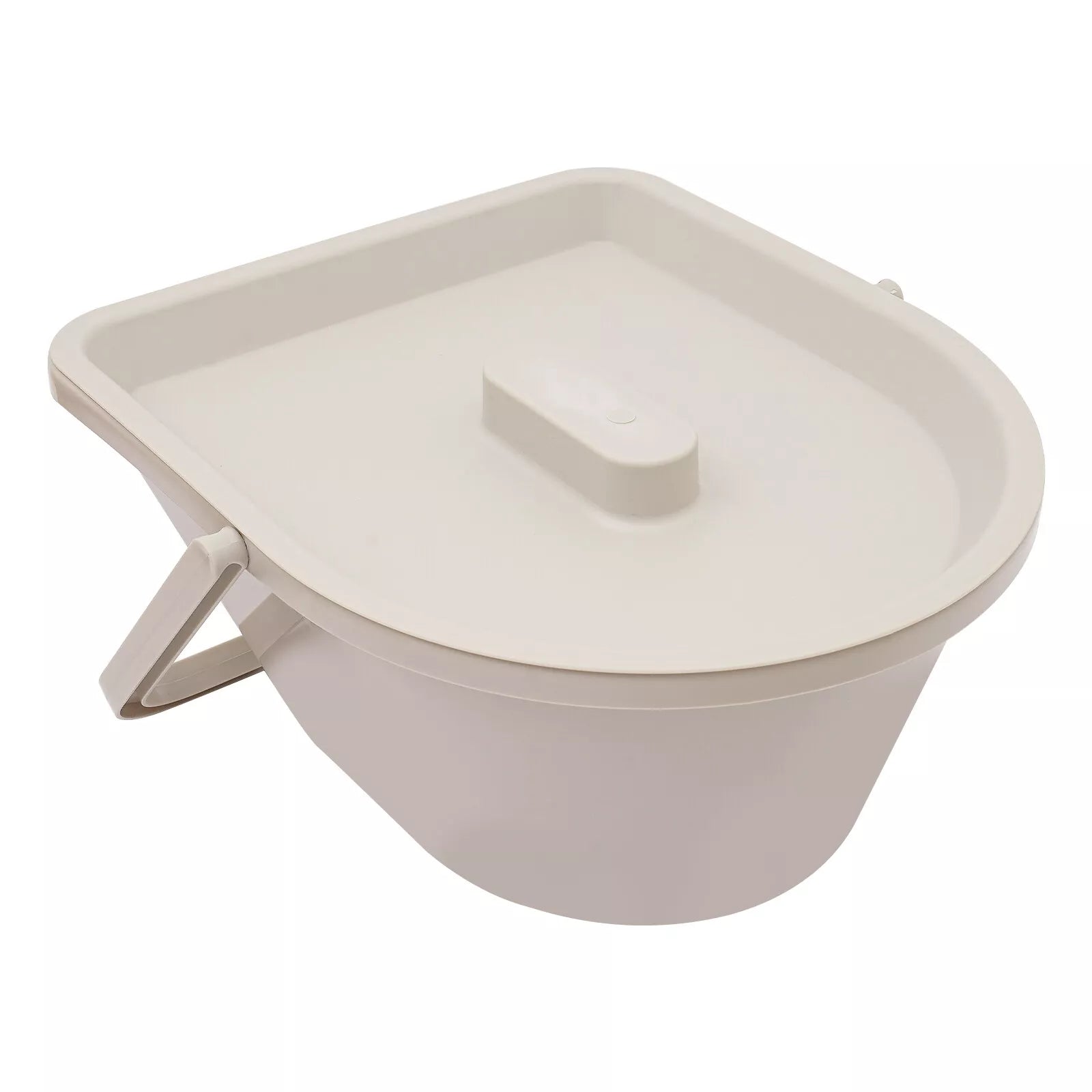 Gray bedside commode chair with removable toilet pan and flip-up lid