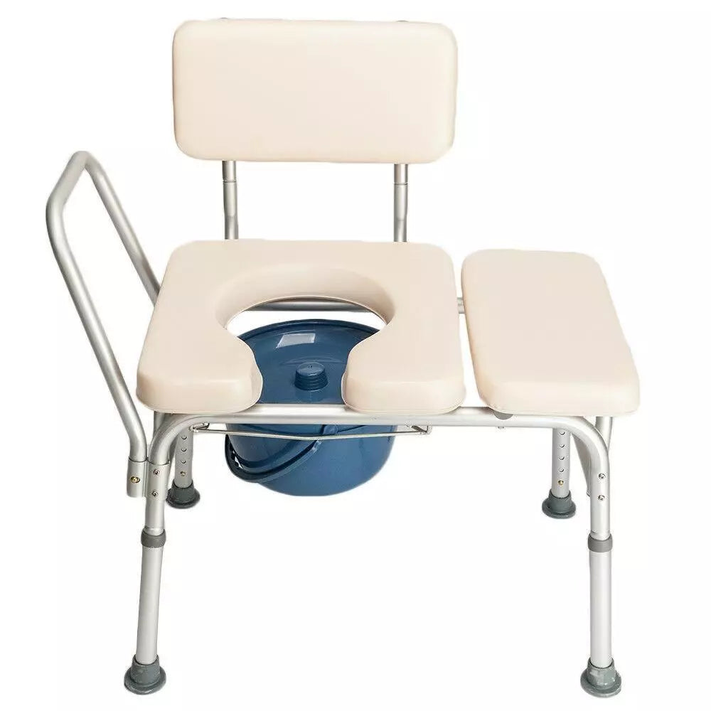 Commode chair view with padded seat and backrest, arm support, and blue toilet bucket under