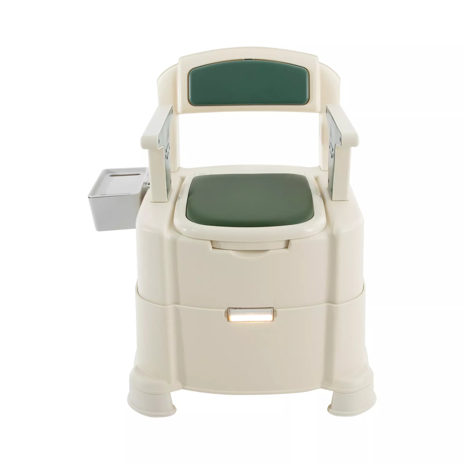 White bedside commode chair with green padded seat and open toilet bowl