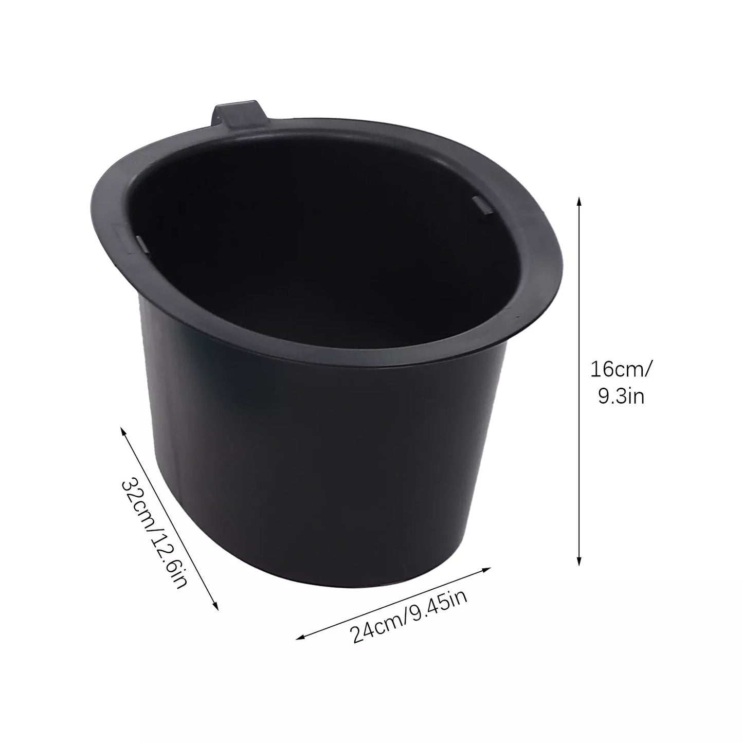 Black commode bucket insert with open top; shows size measurements on the container