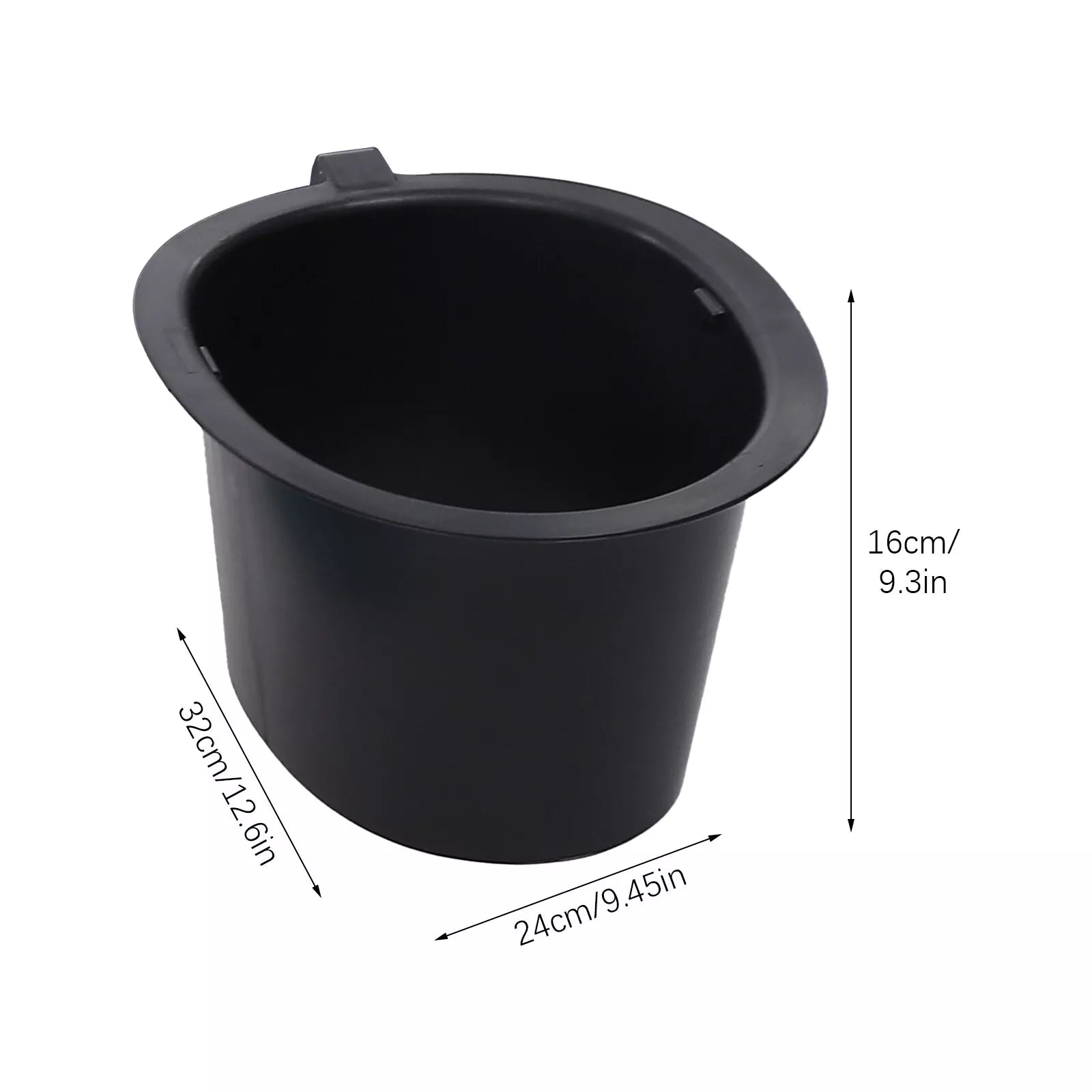 Black commode bucket insert with open top; shows size measurements on the container