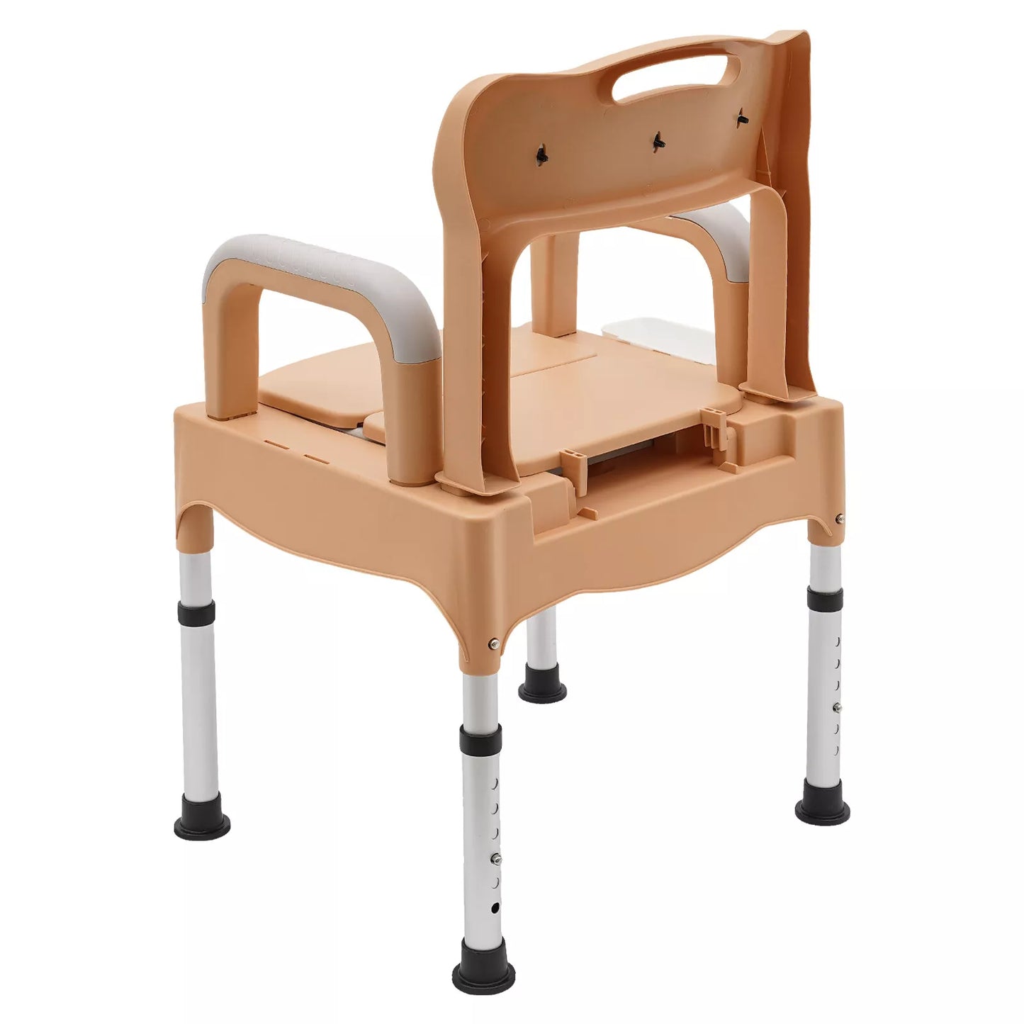 Khaki bedside commode chair shown from side angle with arm handles and support legs