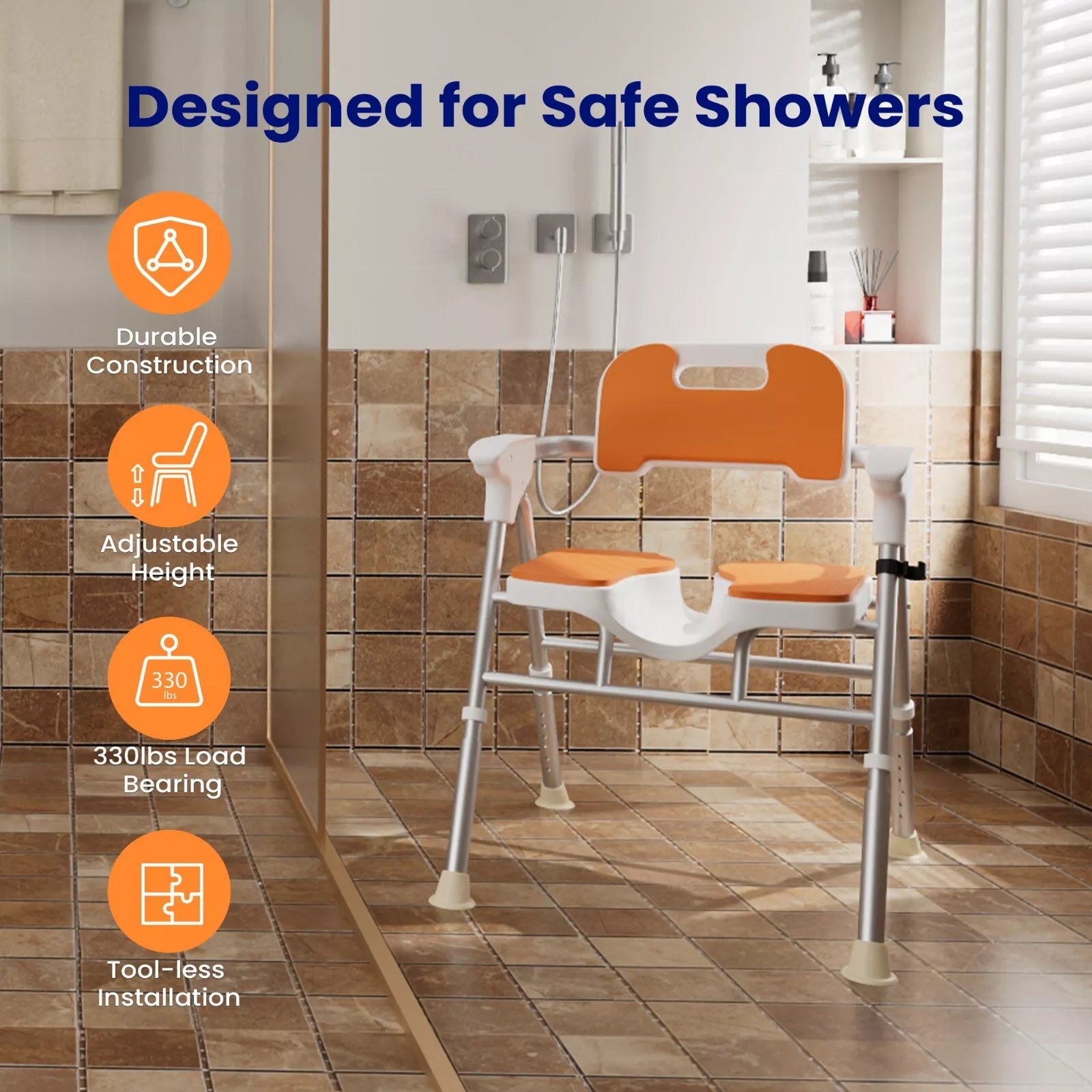 Orange-backed shower chair with armrests and adjustable-height legs