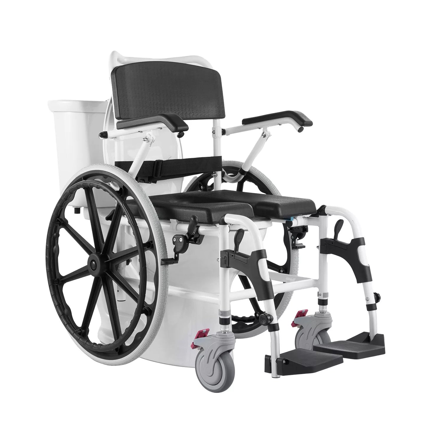 Shower commode wheelchair with black padded backrest and flip-up footrests, rear view