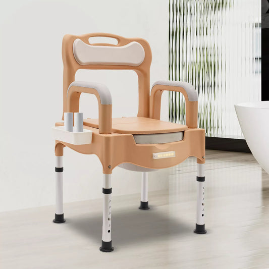 Khaki adult bedside commode chair with armrests, removable seat, and back handle