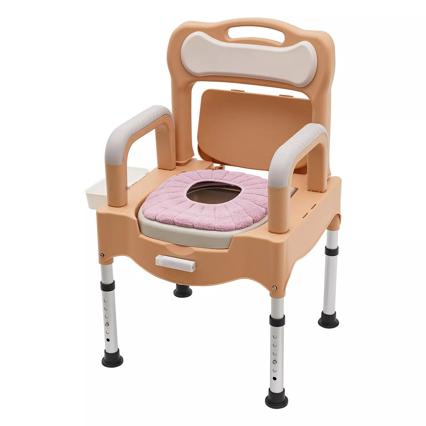 Khaki bedside commode chair with open toilet cutout and cushioned pink commode seat