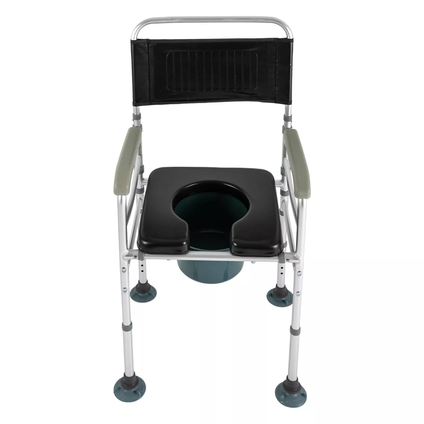 Shower commode chair with arms, black seat and backrest, front toilet opening with pail