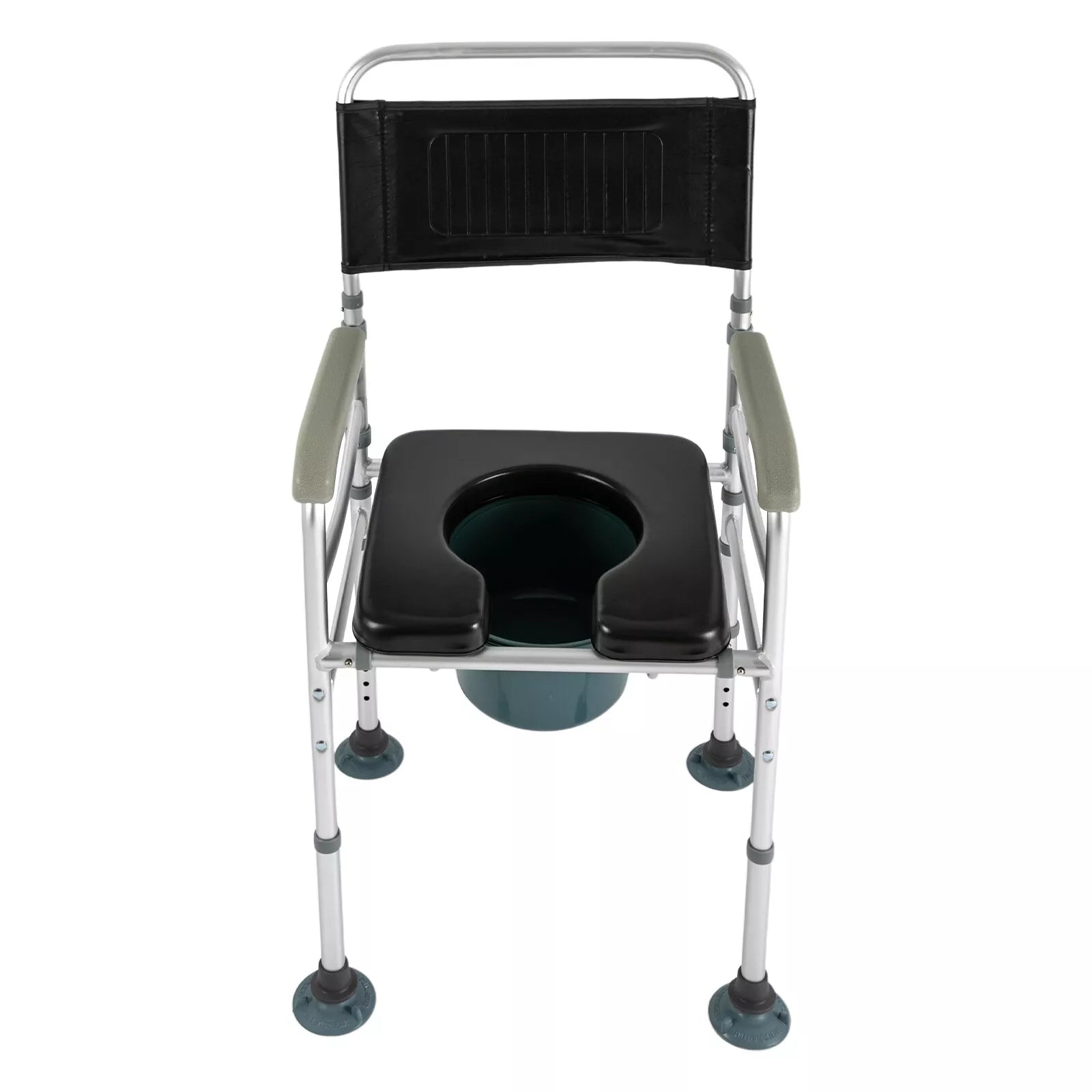 Shower commode chair with arms, black seat and backrest, front toilet opening with pail