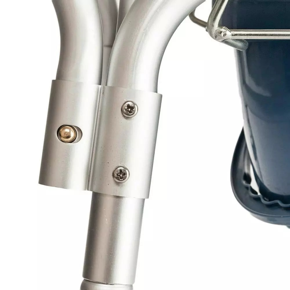 Close-up of metal arm support and frame joint with screws on bedside commode chair