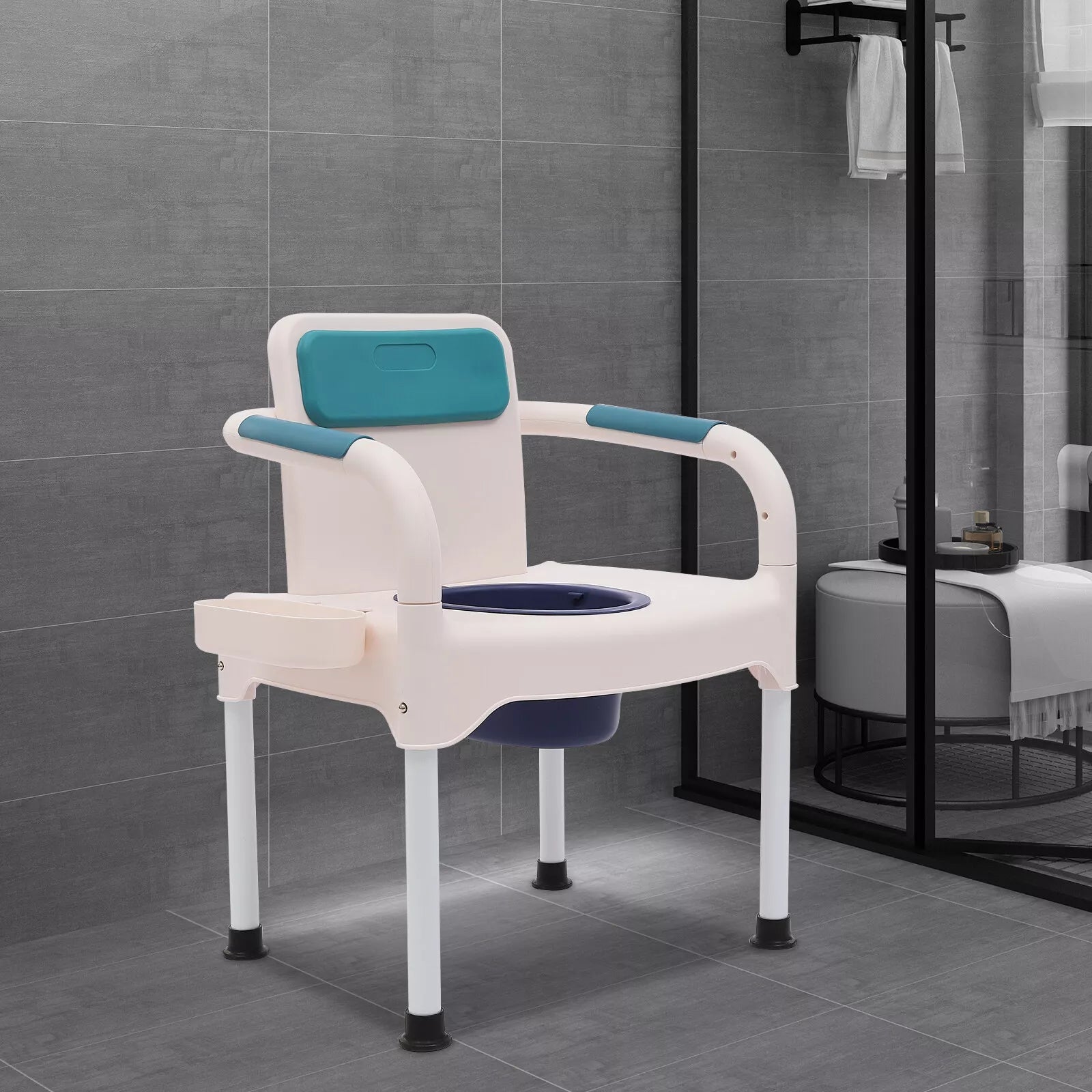 Adult bedside commode chair with teal backrest, white frame, and raised toilet opening