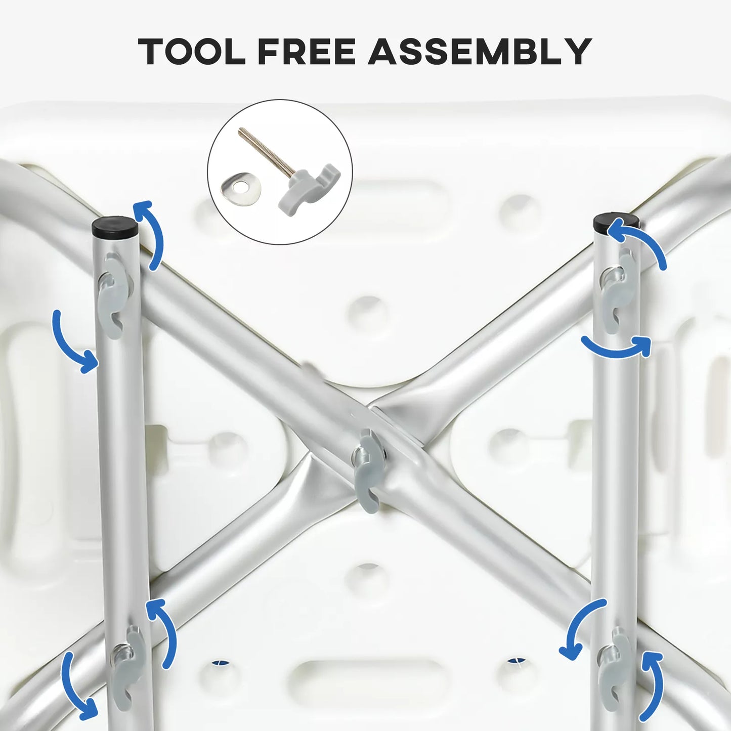 Shower chair frame in cross-brace view with tool-free assembly hardware