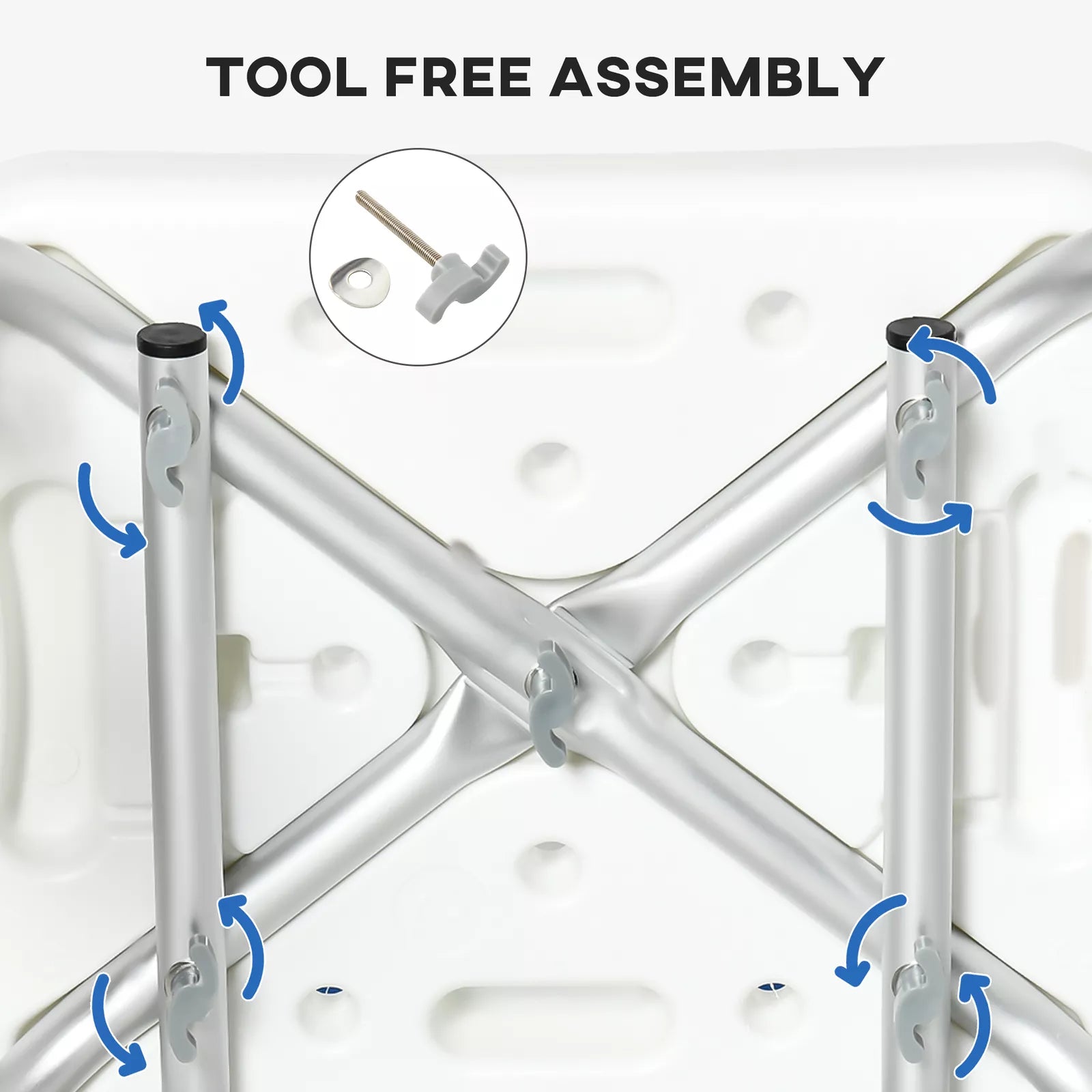 Shower chair frame in cross-brace view with tool-free assembly hardware