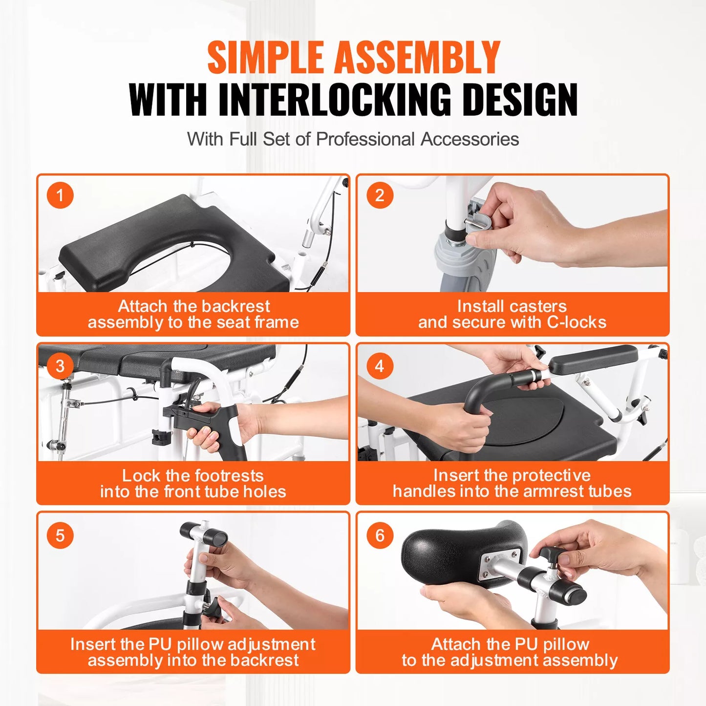 Shower commode wheelchair parts during assembly: black backrest, armrests, and footrests