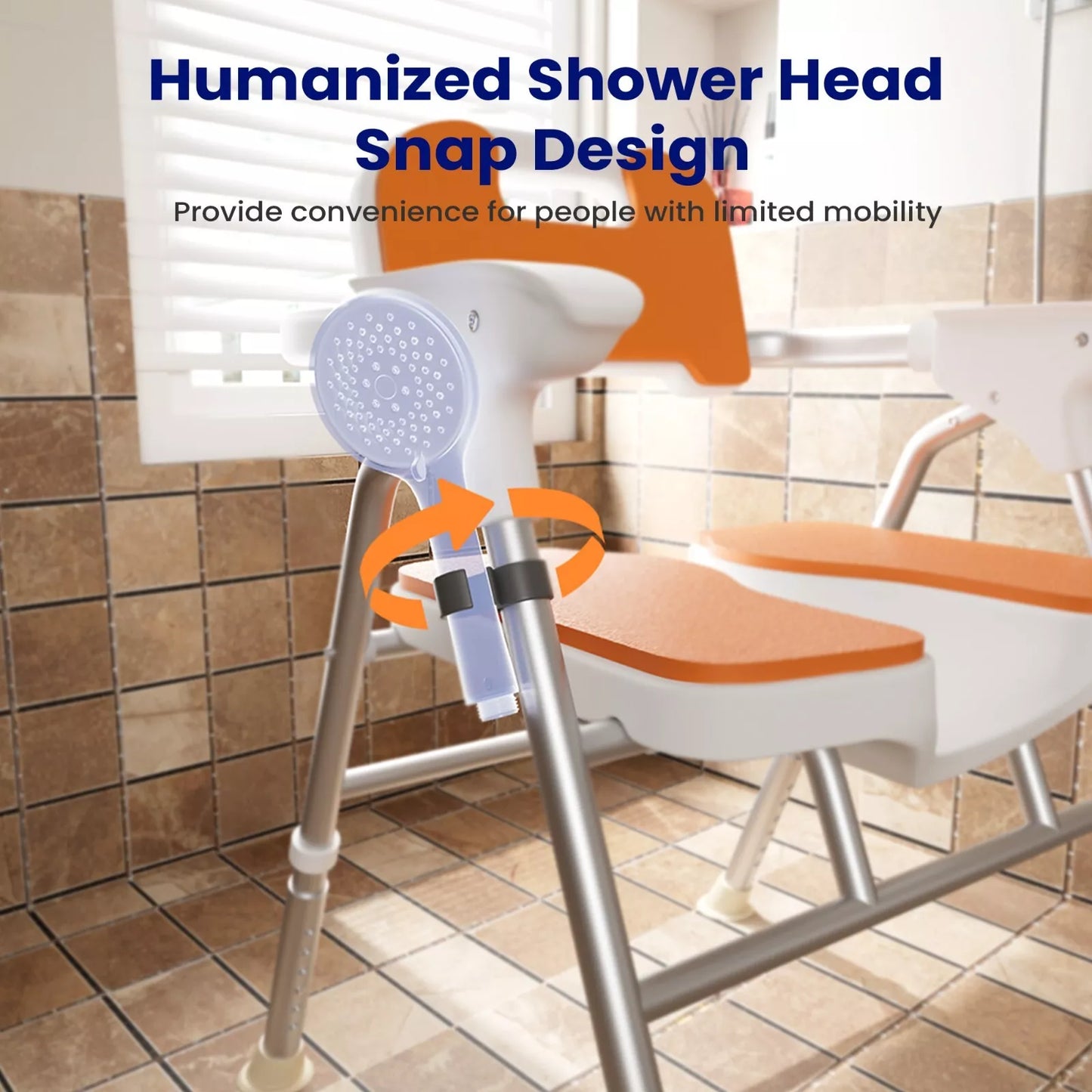 Shower chair with orange backrest, armrests, and round shower sprayer