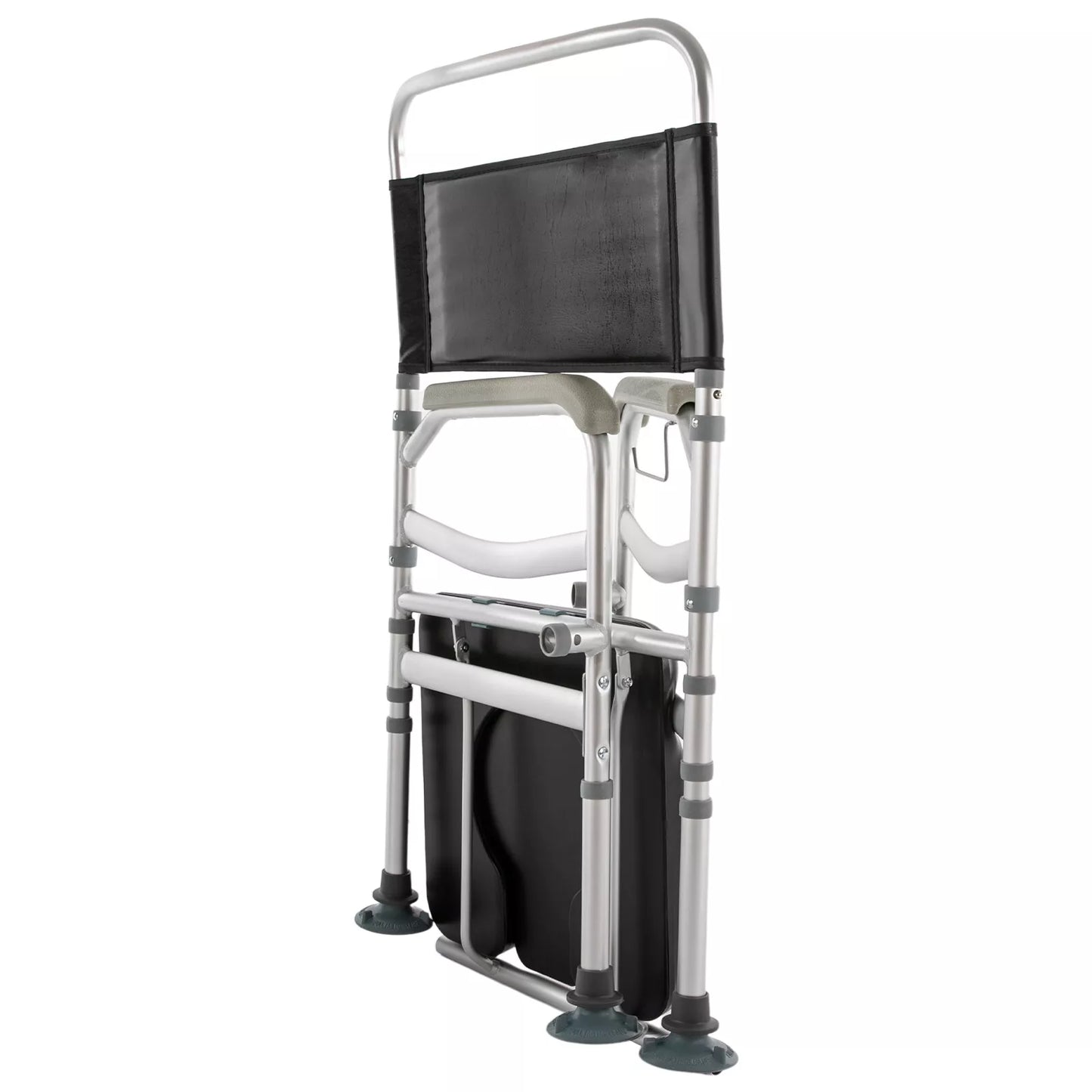 Shower commode chair with arms and black backrest, side view with toilet container