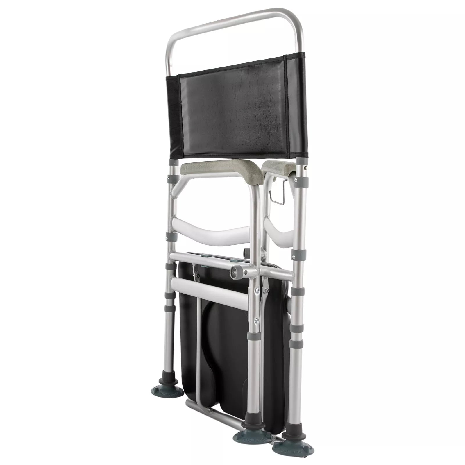 Shower commode chair with arms and black backrest, side view with toilet container