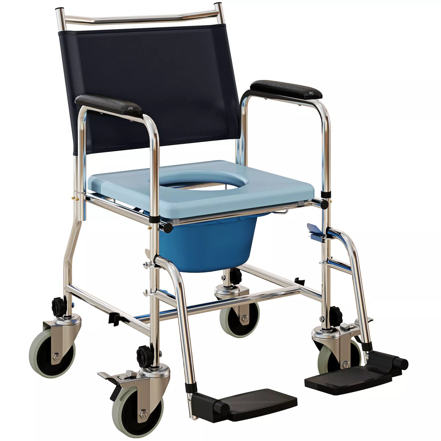 Light blue shower commode wheelchair with black seat and back, padded armrests, and caster wheels
