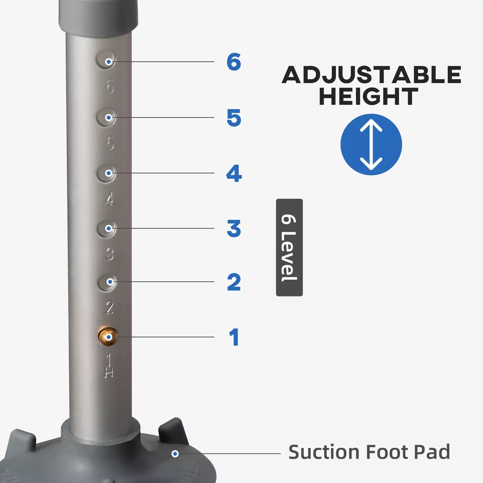 Adjustable-height shower chair leg with numbered height settings and suction foot pad