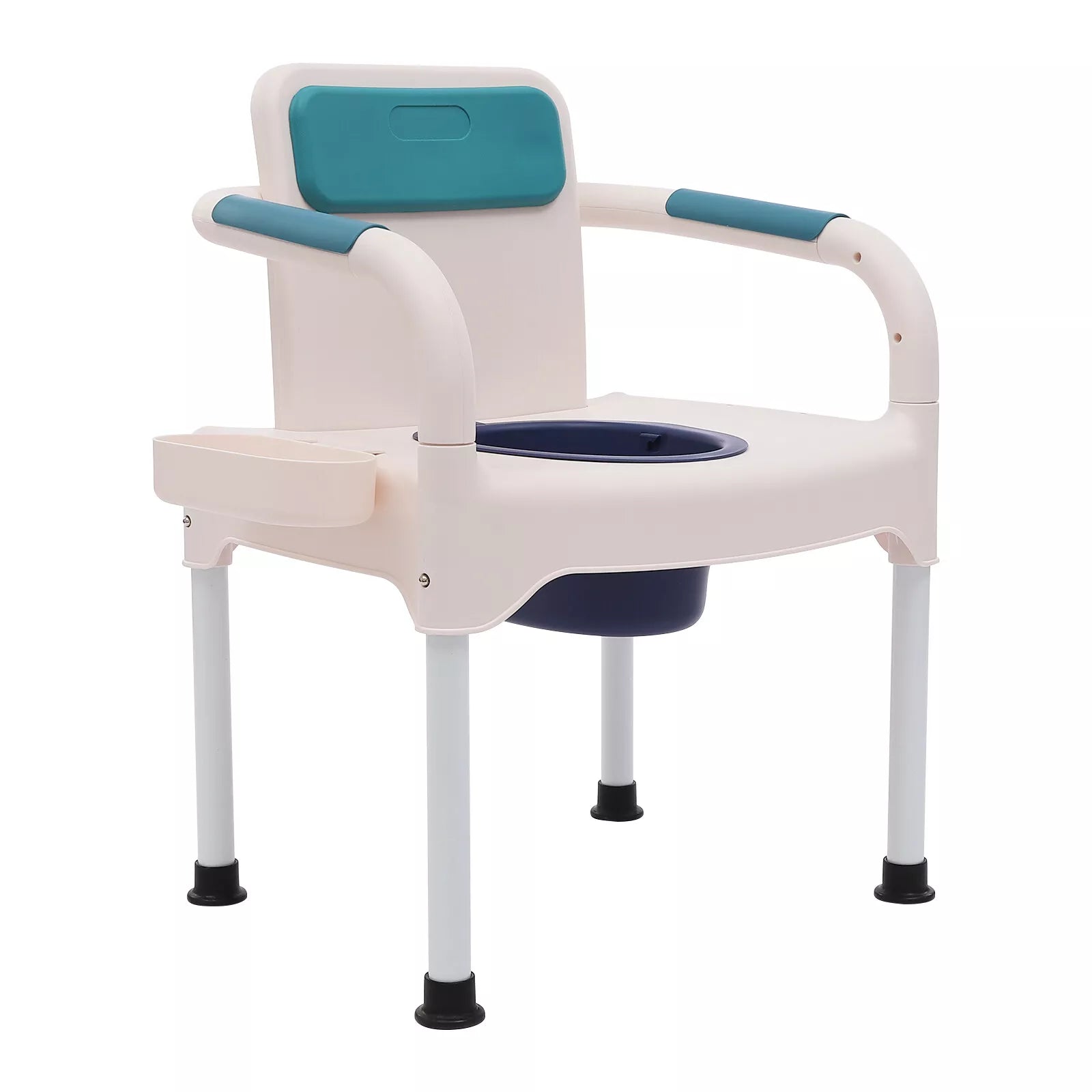 Bedside commode chair front view, white frame with teal handles and built-in toilet bowl