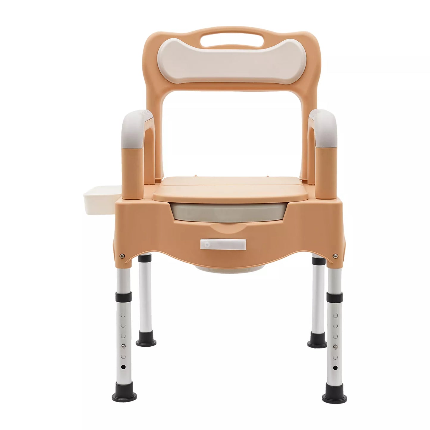 Khaki adult bedside commode chair with hinged lid, integrated splash guard, and legs