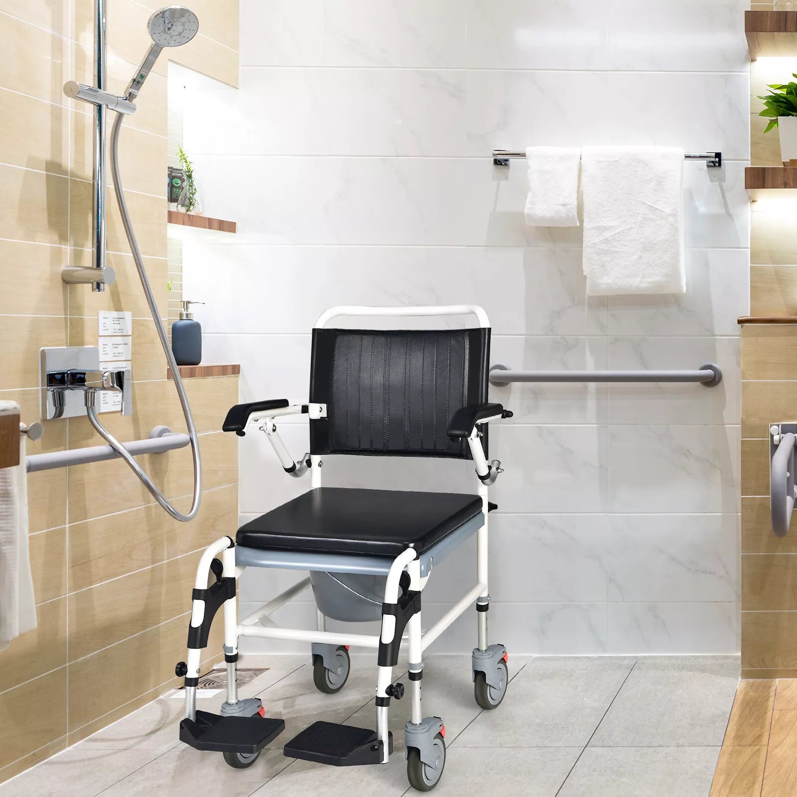 Shower chair with black seat cushion, padded armrests, and gray footrests on casters