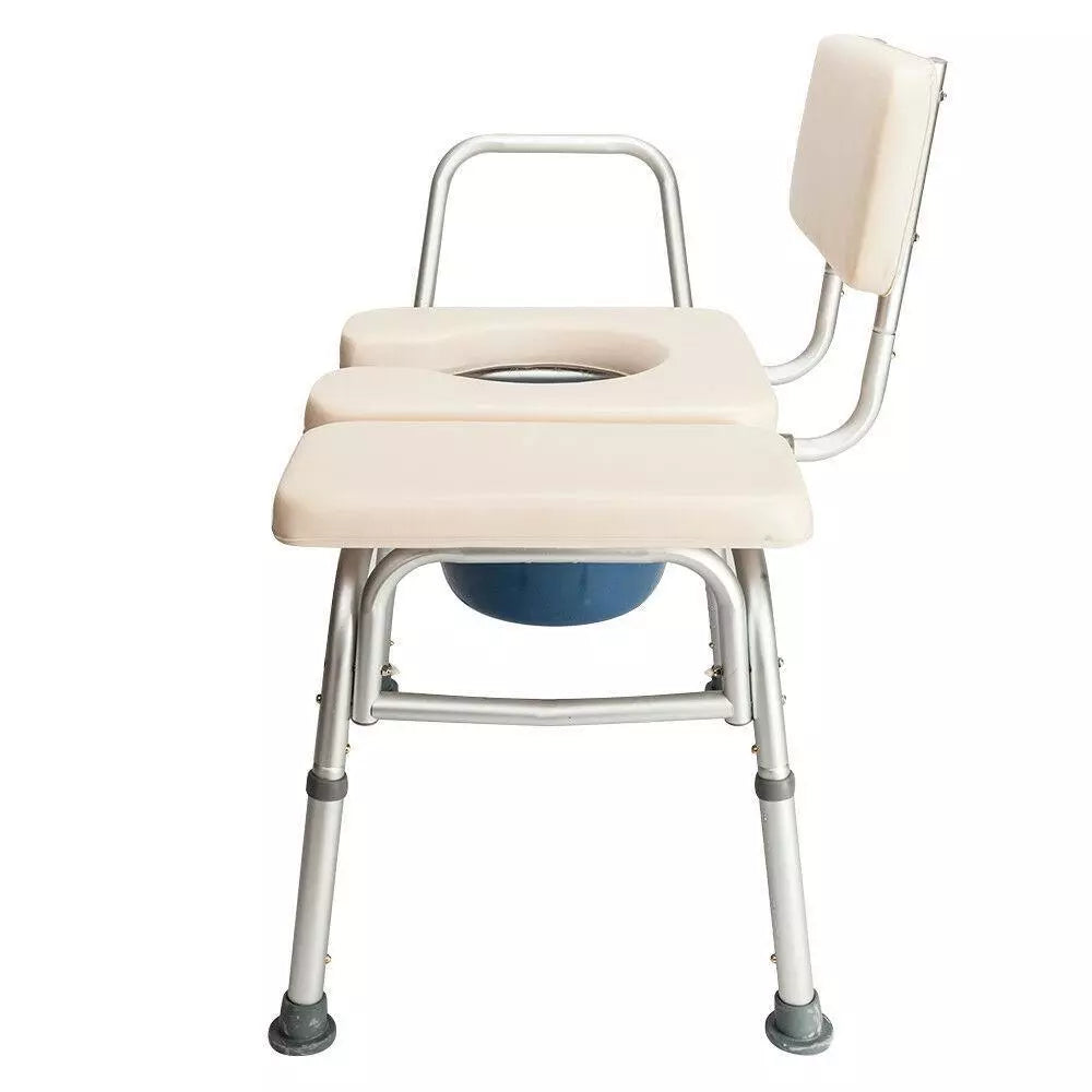 Commode chair side view with padded seat and armrests, open commode opening and blue bucket