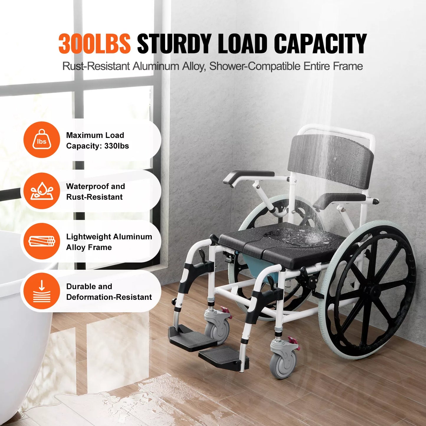 Shower commode wheelchair with black seat, padded backrest, and footrests, front 3/4 view