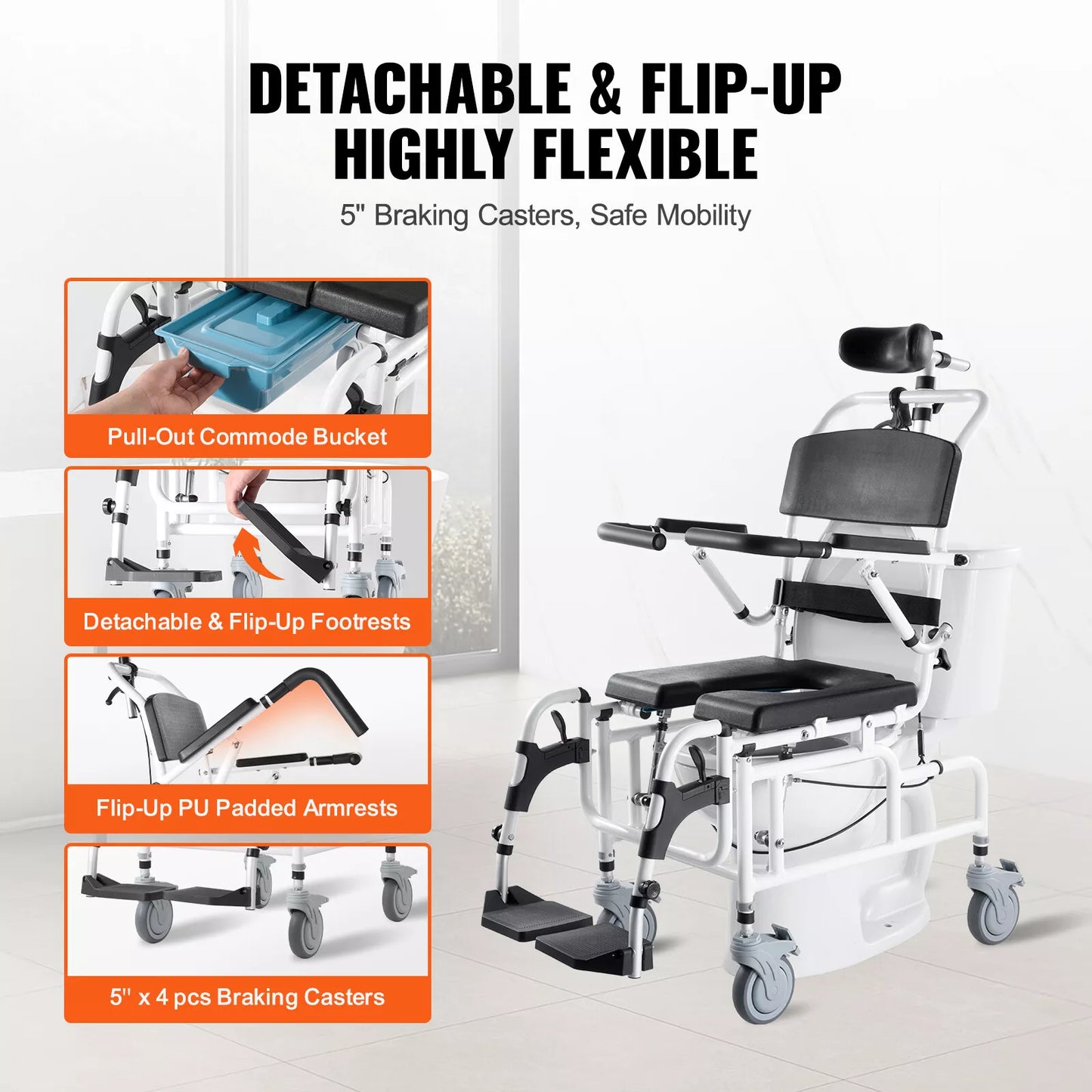 Shower commode wheelchair with flip-up padded armrests and detachable commode bucket