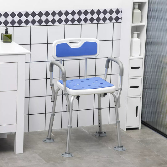 Elderly shower chair with blue seat and back, grey frame, side armrests