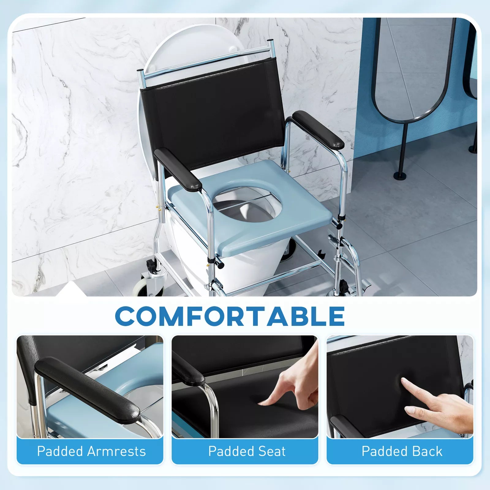 Shower commode wheelchair comfort features: padded armrests, seat, and back on light blue frame