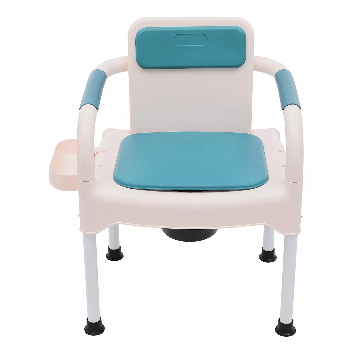 Bedside commode chair seat and teal backrest cushion with enclosed toilet opening