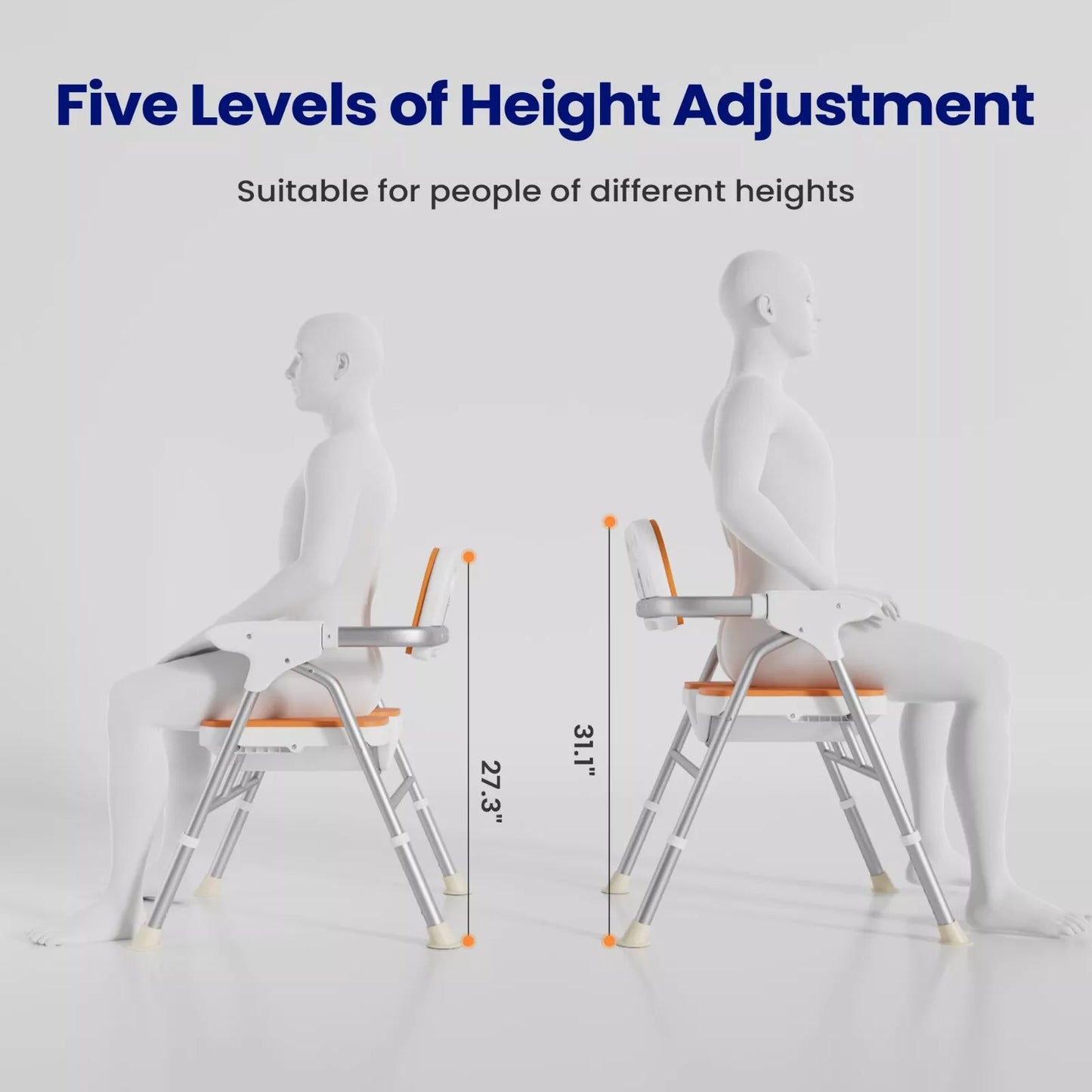 Height-adjustable shower chair with orange seat pads and armrests