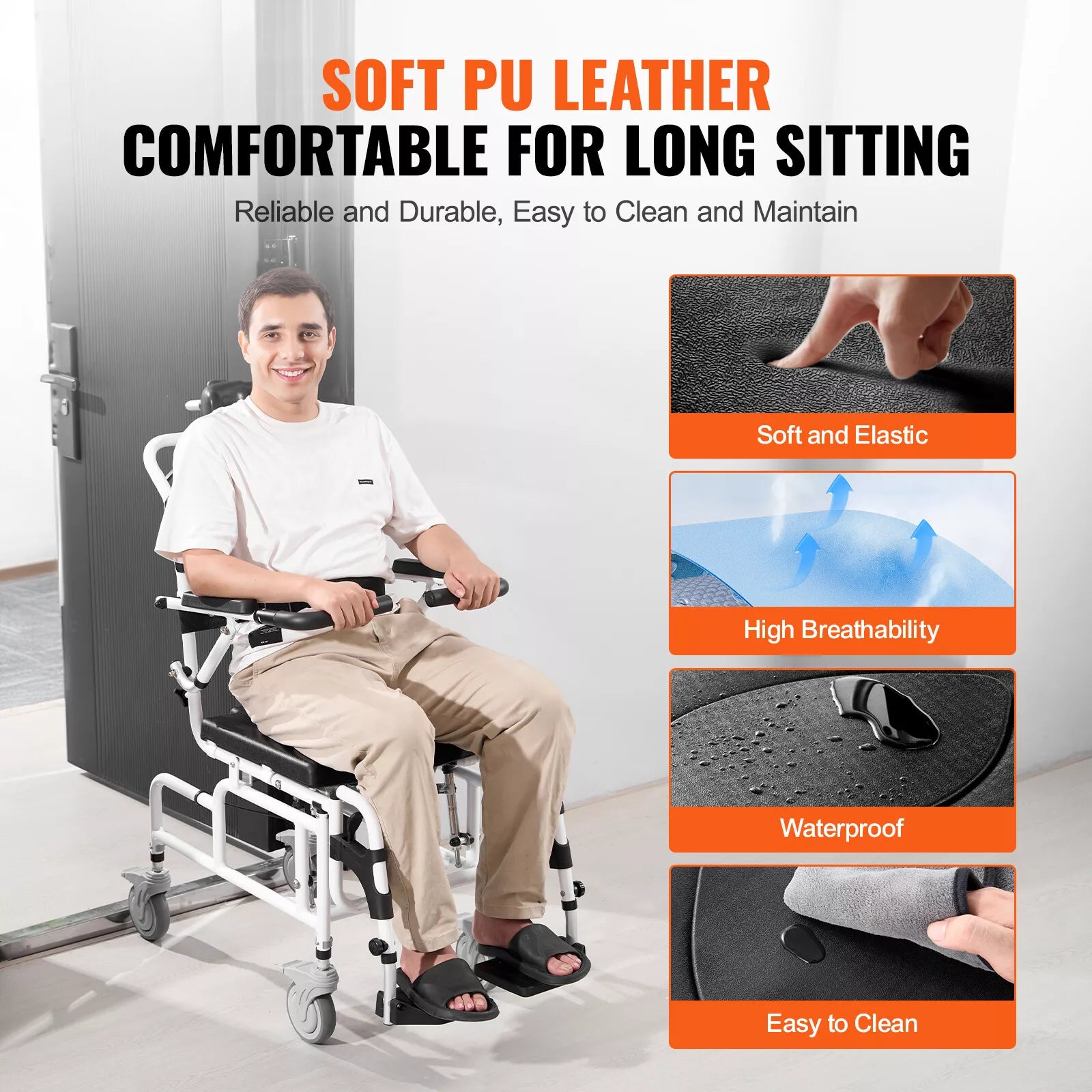 Shower commode wheelchair with soft PU-leather black seat and padded backrest, caster wheels