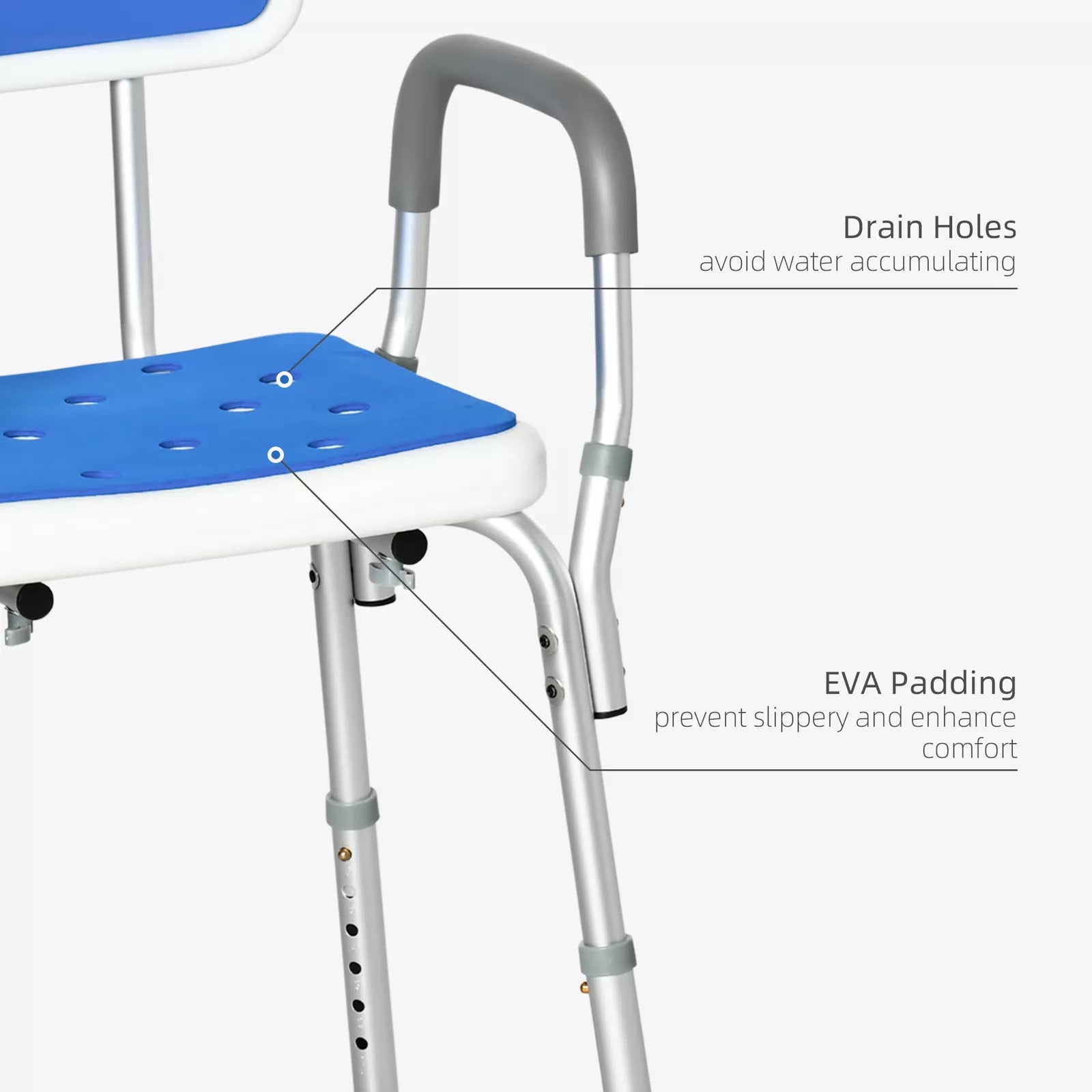 Shower chair seat edge with drain holes and EVA padding on the grey supports
