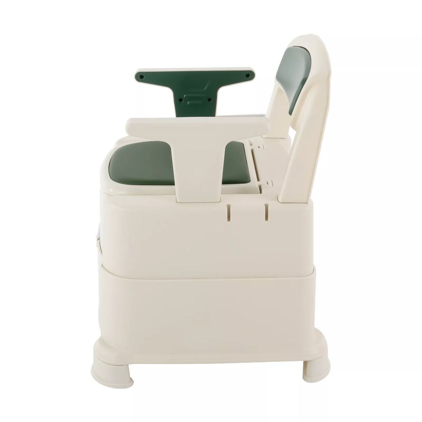 White commode chair with green padded backrest, side guard panel, and footrest platform