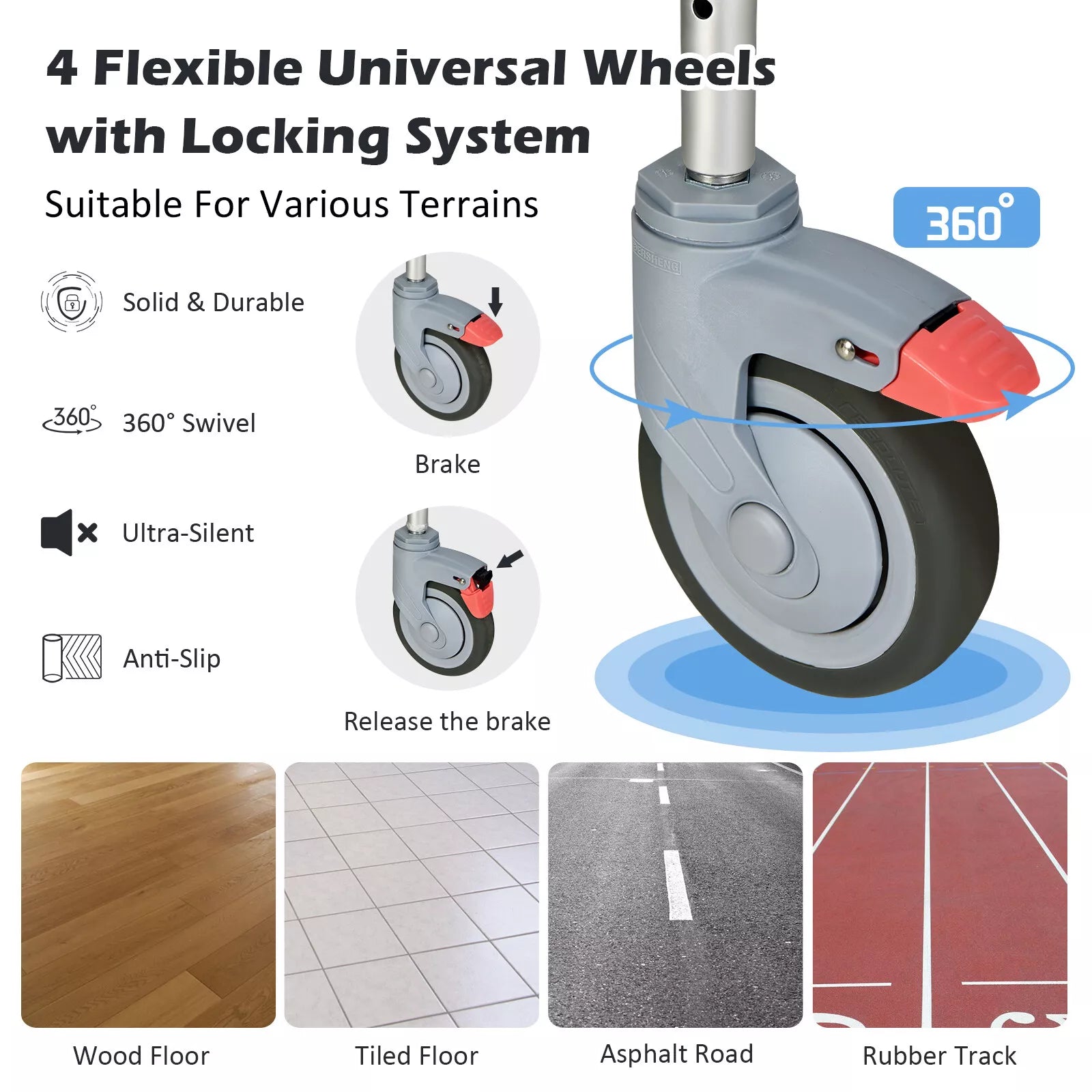 Close-up of shower wheelchair caster wheels with locking brakes and swivel motion arrows